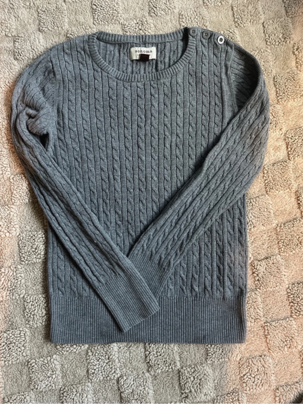 Sonoma Gray Cable Crewneck Sweater with Shoulder Buttons